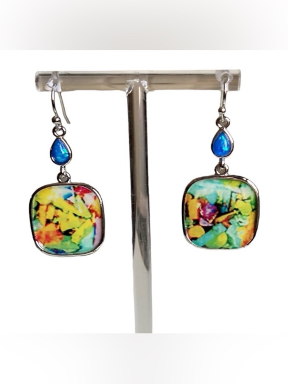 Dangle Square Bohemian Earrings Color Splash of Multiple Colors and Silver New